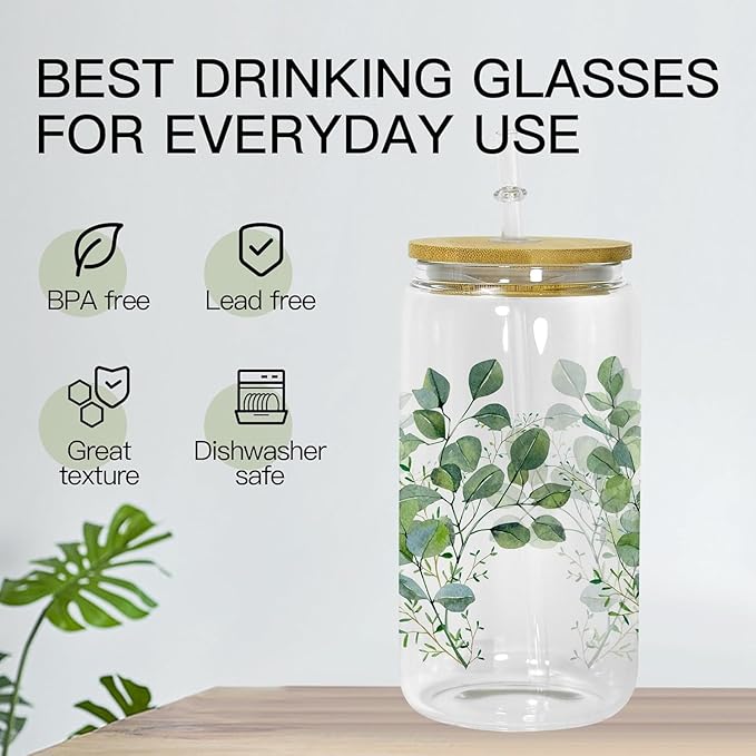 AGH 16OZ Sublimation Glass Cups with Bamboo Lids and Straws,12 Pack Drinking Glasses with lids,Clear Can Shape Beer Cup for Iced Coffee, Whiskey, Soda, Milk Juice