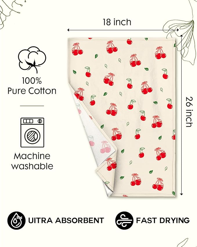 Flour Sack Kitchen Towels Set of 2-18x26 Cotton Dish Towels with Hanging Loop Reusable Tea Towel for Cleaning Spring Absorbent Dishcloths Cute Home Decor Housewarming, Bow Cherry