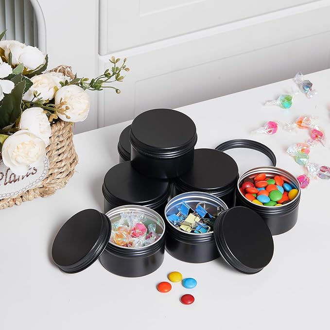 Patelai Black Christmas Aluminum Tin Cans 24 Pcs 4 oz Round Metal Tin Jar Containers Refillable Aluminum Storage Cans with Screw Lid and 10 Sheets Label Sticker for Salve Spice Candy Candle