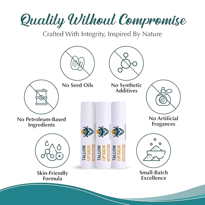 Moisturizing Tallow Lip Balm – Grass-Fed Beef Tallow with Organic Coconut Oil, Beeswax, and Vitamin E – Unscented Lip Balm Set – Travel Essential - 3-Pack