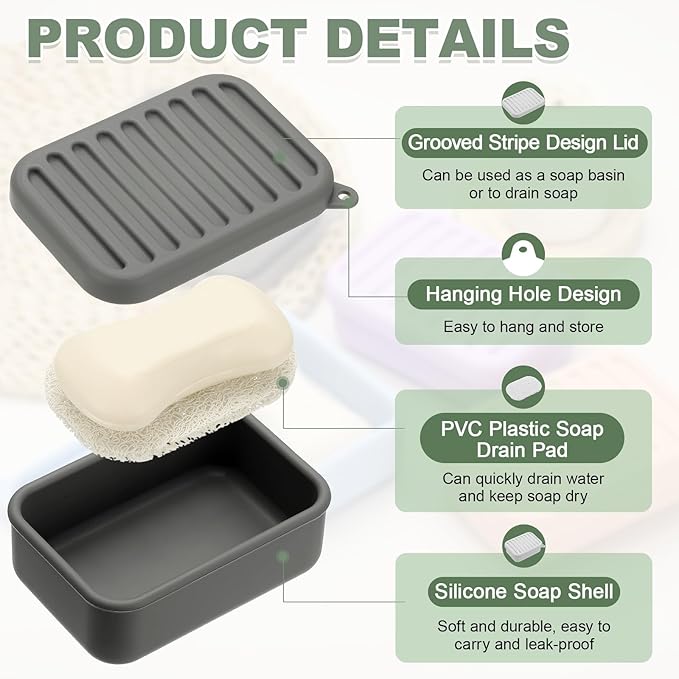 uxcell Shampoo Bar Travel Case, Silicone Leak Proof Soap Bar Case with Draining Layer Soap Container for Traveling, Bathroom, Gym, Camping(4"x2.76"x1.3", Gray)