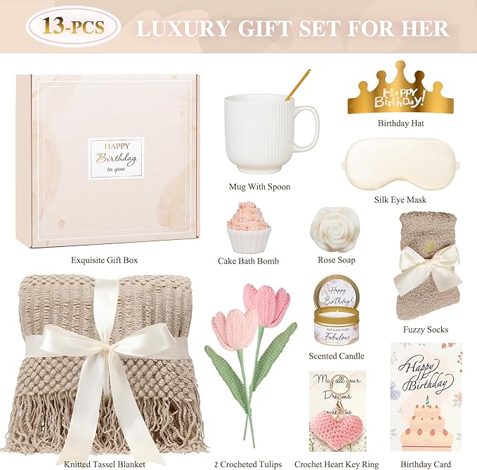 Birthday Gifts for Women - 13PCS Unique Happy Birthday Gifts Basket for Mom Her Best Friend Sister Wife Girlfriend Coworker - Relaxing Spa Self Care Package Get Well Soon Gifts Set (Vanilla)
