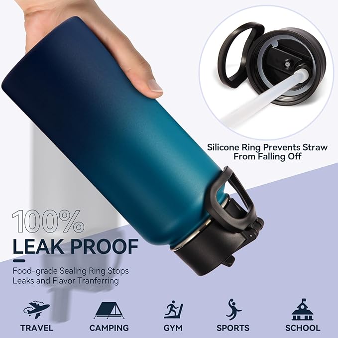 Neihepal 32 oz Insulated Water Bottles with 2 Lids (Straw & Spout Lid), 18/8 Stainless Steel Double Wall Water Bottle for Gym, Travel, Camping, Sports (Dark Night,2 Pack)