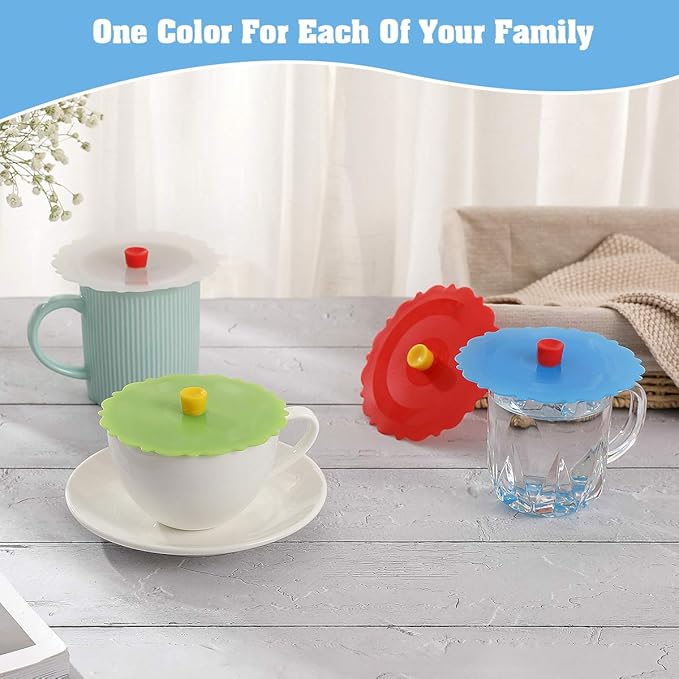 Silicone Cup Covers (Set of 4) ， Multicolored Silicone Lids for Mugs, Cups, Tea Pots,Flexible Mug Covers，Hot Cup Lids for Coffee & Tea