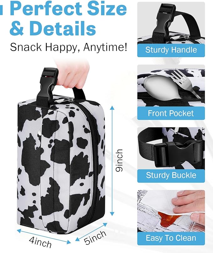 Small Insulated Snack Bag Lunch Box,Collapsible Reusable Small Lunch Bag with Snap Buckle Handle for Beach Travel Picnic,Cow Print 5-Can(3L)