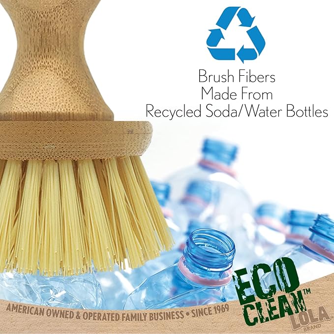 LOLA Vegetable Brush w/Comfort Bamboo Knob, Durable Poly Bristles, Natural Bamboo, Fibers are Recycled Soda/Water Bottles, 1 Pack