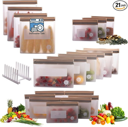 Reusable Food Storage Bags – 21-Pack Stand-Up, BPA-Free, Freezer, Dishwasher Safe & Eco-Friendly – 4 Gal, 6 L, 7 M, 3 S + Rack – Airtight Leakproof Sandwich, Snack, and Meal Prep Bags (Grey)