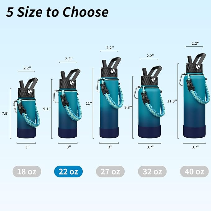 BJPKPK Insulated Water Bottle with Straw Lid, 22oz Thermal Flasks Water Bottles with 3 Lids, Paracord Handle & Non-slip Boot, BPA Free Leak Proof Stainless Steel Tumblers,Vast