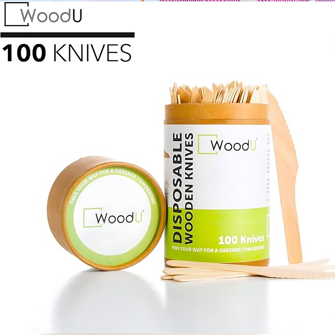 WoodU Disposable Wooden knives 100% All-Natural, Eco-Friendly, Biodegradable, and compostable knives - Pack of 100-6.5" Butter Cheese Knife Wooden Utensil