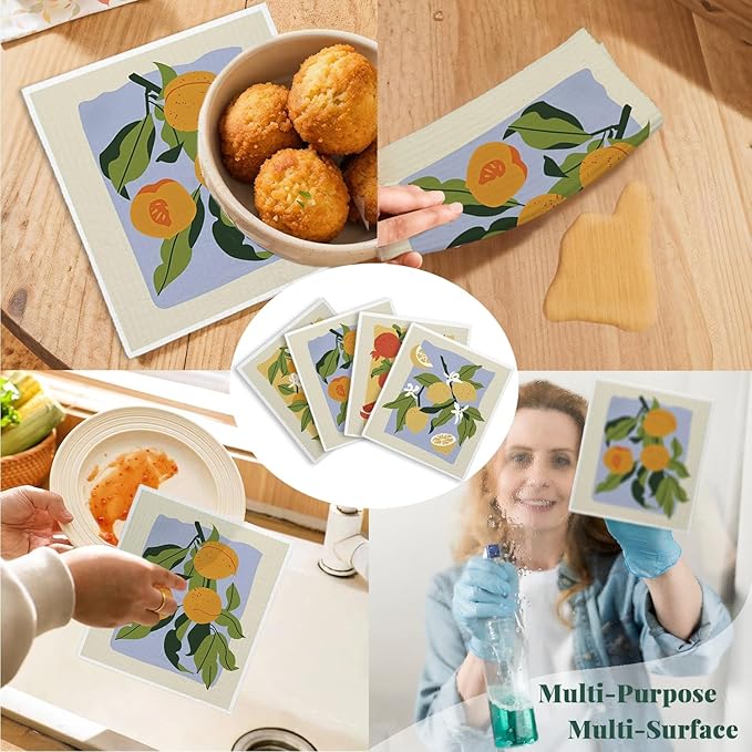 Swedish Dishcloths for Kitchen, Papaya Reusable Paper Towels Washable, Oranges Peach Lemon Colorful Swedish DishCloths for Friut, 4 Pack Dish Towels for Kitchen