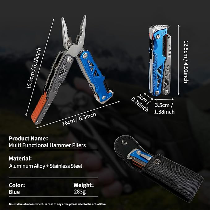 17-in-1 Multitool Pliers with Nail Puller, Saw Screwdrivers, Bottle Opener,Carrying Pouch,High-carbon Steel Multi Tool Ideal for Camping Survival and Gift Blue and Silver