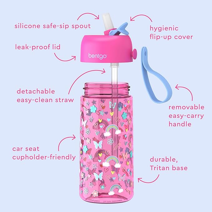 Bentgo Kids Water Bottle - Leak-Proof, Durable Tritan, BPA-Free 15 oz. Cup for Kids/Toddlers Ages 3+, Safe Sip Spout, Carrying Handle, & Dishwasher Safe for School & Sports (Rainbows & Butterflies)