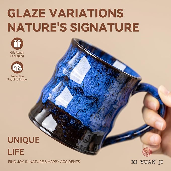 Midnight Blue Ceramic Coffee Mug 15oz - Handcrafted Artisan Mug with Large Handle for Comfort, Unique Birthday Gift for Him/Her, Office Desk Essential, Safe for Dishwasher