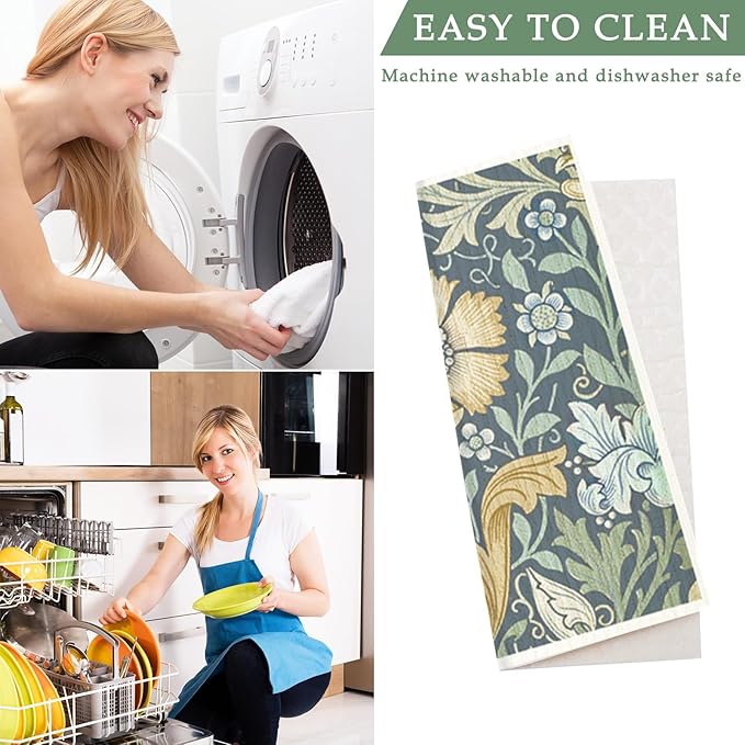 8 Packs Vintage Floral Swedish Dishcloths Blue Green Flower Kitchen Dish Towel Reusable Washable Cotton Kitchen Towels for Home Party Cleaning Housewarming, 7 x 8 Inch