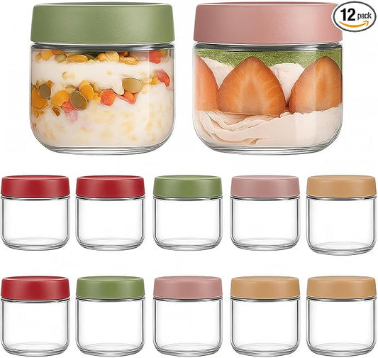 12 Pack 10oz Glass Jars with Lids, Overnight Oats Containers with Airtight Lids, Wide Mouth Mason Jars, Salad, Yogurt Storage, Chia Pudding, Snacks, Sugar - Reusable
