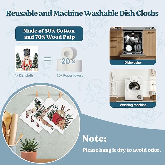 Swedish Dishcloths for Kitchen, Christmas Xmas Nutcracker Winter Kitchen Dish Towels for Washing Dishes, 4 Pack Reusable Paper Towels, Sponge Cloths for Holiday Baking Cooking Home Cleaning