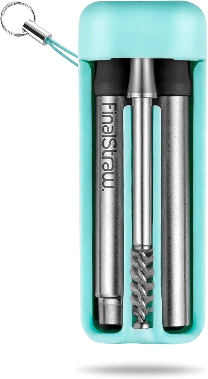 FinalStraw Collapsible, Reusable, Metal Straw | Travel Case, Cleaning Tool | Easy to Clean | Stainless Steel and 100% Silicon Tips | Eco-Friendly | Sea Tur-Teal Case, Silver Stainless Steel