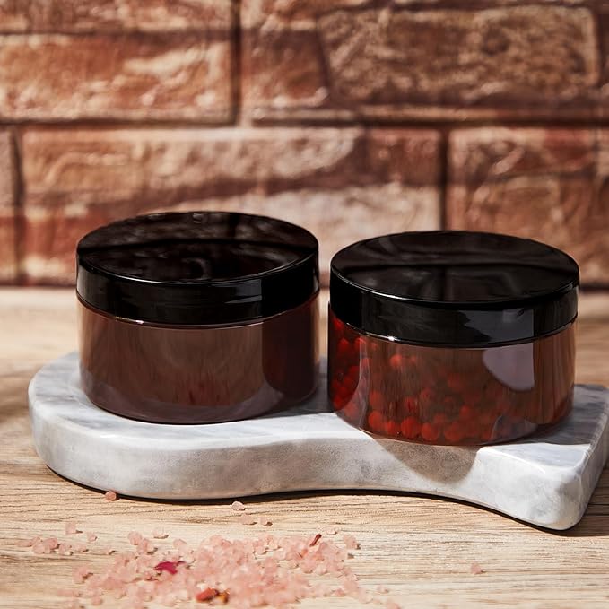 Dandat 24 Pcs 8 oz Plastic Jar Container with Lid and Label Refillable Empty Round Amber PET Cosmetic Sample Containers for Lotion, Cream, Ointments, Body Butter, Makeup, Travel Storage