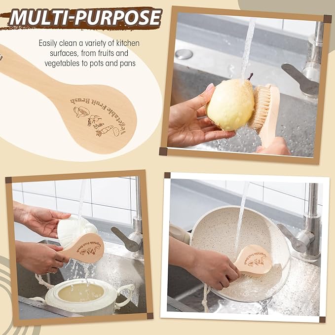 2 Pcs Wooden Potato Scrubber Brushes with Handle Vegetable Brushes for Fruit Food Potato Carrot Cucumber Veggie Produce Pans Pots Cleaning