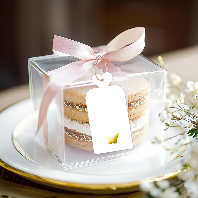joycraft 100Pcs Gift Tags with String, 4x2 in Blank Tags with Gold Foil Butterfly, White Paper Labels for Birthday, Wedding, Baby Shower, Christmas