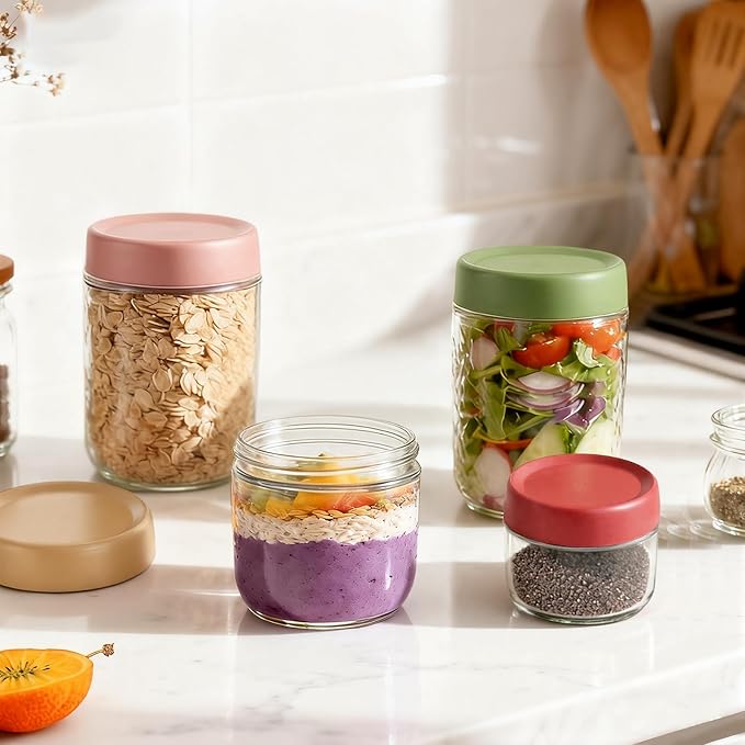12 Pack 4oz 10oz 16oz Glass Jars with Lids, Overnight Oats Containers, Airtight Yogurt Storage Containers, Wide Mouth Mason Jars, Salad, Snacks, Spices, Meal Prep - Reusable