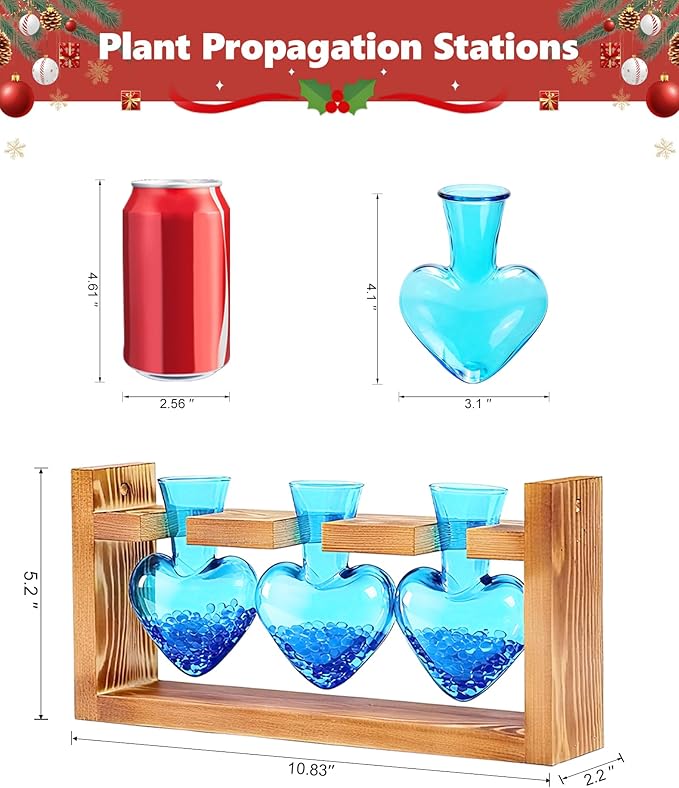 Nacome Plant Terrarium Propagation Stations: Air Planter 3 Bulb Glass Heart Shaped Vase with Wooden Stand for Hydroponics Home Office Decor - Christmas Gifts for Plant Lovers Women Mom Wife