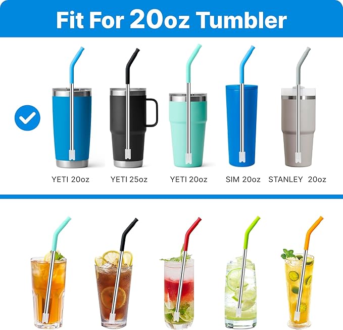 Stainless Steel Straws for 20 oz YETI Tumbler, 4 Pcs Metal Straws Reusable with Silicone Tip for 20 oz Stanley Cup and 16 oz Glass Cups(Color 3)