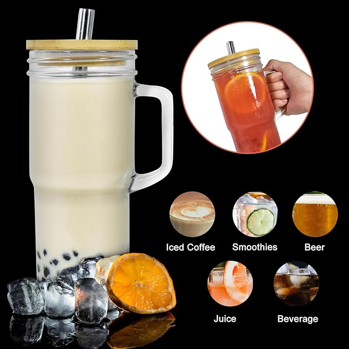 4Pcs Glass Cups with Lids and Straws, 24oz Mason Jar Iced Coffee Cup Drinking Jars Glasses Tumbler with Handle Bamboo Lids Wide Mouth Travel Mug for Bubble Tea, Iced Coffee, Smoothie, Beer