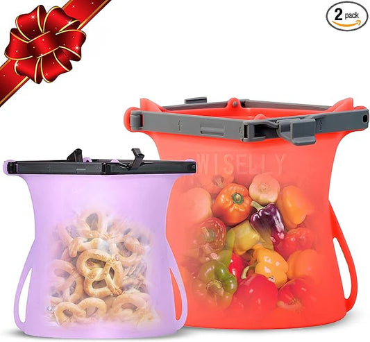 Half Gallon Leakproof Reusable Silicone SnapBags Set Stand-Up Odorless Easy Dry Food Storage Bags (33 Oz Random Color + 68 Oz) Microwavable Freezer and Dishwasher Safe Silicone Food Storage Bags
