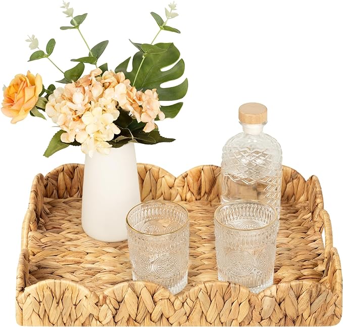 StorageWorks Rectangle Wicker Scalloped Tray, Rattan Serving Trays with Handles, Water Hyacinth Basket for Decorative & Organizing, 15.75" L x 11.5" W x 2.75" H