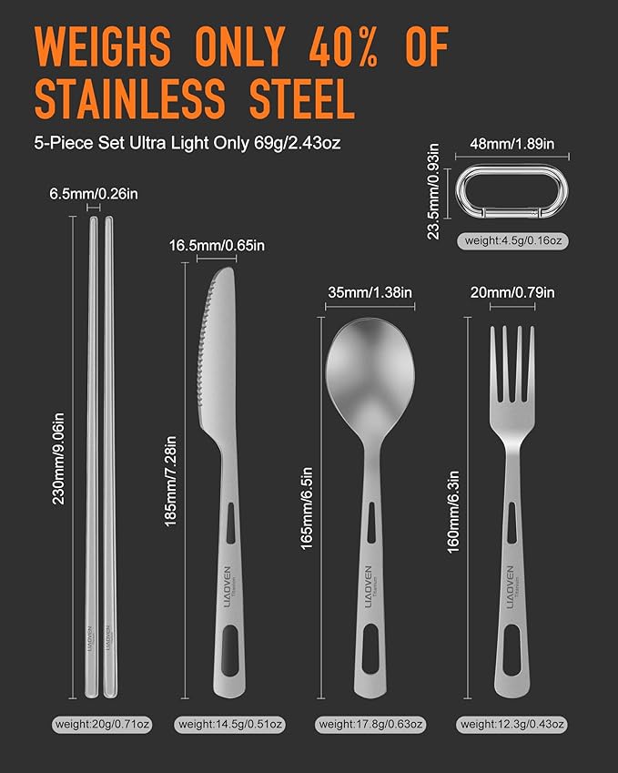 5-Piece Titanium Flatware Knife Fork Spoon Chopsticks Set, Lightweight Travel Camping Utility Cutlery Set with Carrying Bag, Reusable Eco-Friendly Camping Silverware for Backpacking Work Hiking