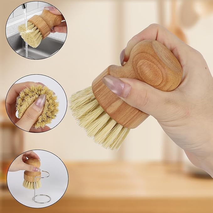 2Pcs Bamboo Dish Brush with Drain Rack - Bamboo Scrub Brush with Natural Sisal Bristles for Dishes Iron Pot Pan Sink Cleaning