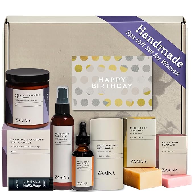Birthday Gift Set for Women - Bath and Body Gift Set for Her, Relaxing Spa Kit Package, Self Care Gift Basket for Mom, Wife Friend Sister by ZAAINA (PREMIUM Birthday Spa Set w/ Candle)