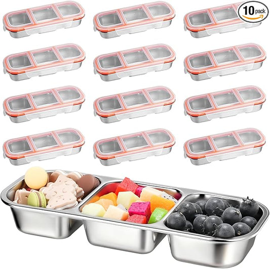 10 Pack Stainless Steel Snack Containers with Lids - 3 Compartments Reusable Metal Bento Boxes Divided Food Storage Containers For School,Office Home And Travel Stackable Lunch Boxes