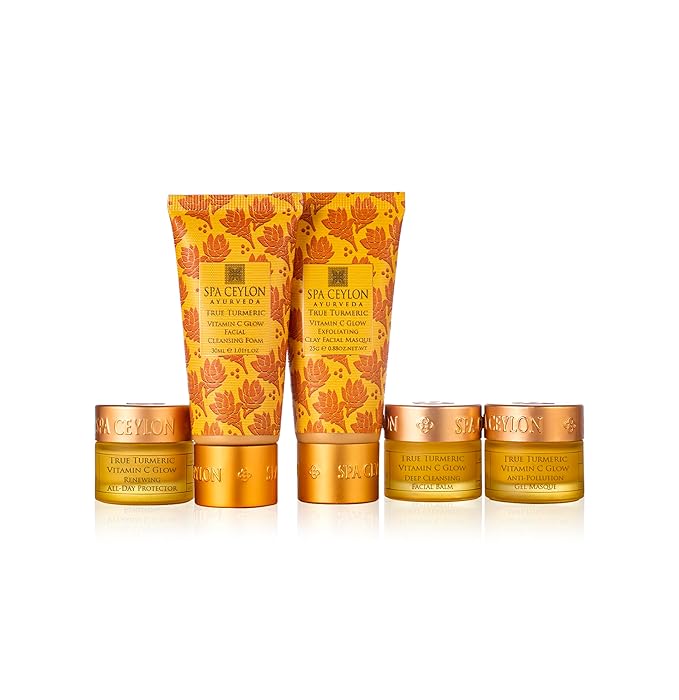 SPA CEYLON True Turmeric Skin Care Discovery Set | Travel Size Face Care Set | Organic Cleanser, Masque, Face Balm & Protector | For Oily Acne-Prone Skin