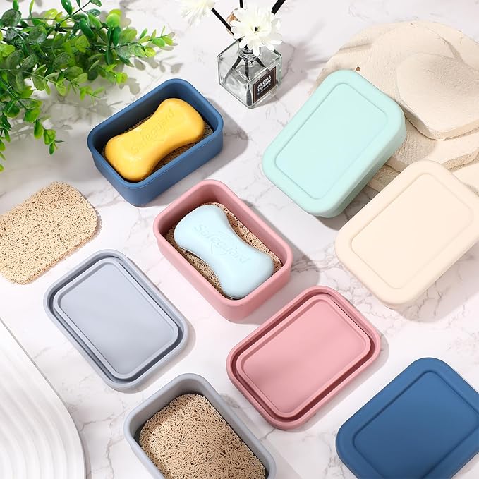 Honeydak 5 Pcs Silicone Travel Soap Case Container Leak Proof Bar Soap Box Holder Dishes with Draining Layer for Traveling, Camping, Gym, Bathroom, 4.7 x 3.3 x 1.7 Inches
