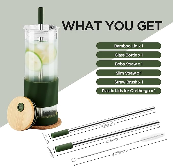 Glass Cups With Lids and Straws, 20oz Reusable Iced Coffee Cup, Olive Glass Tumbler with Silicone Sleeve, Perfect for Fruity Drinks, Iced Tea, or Smoothies