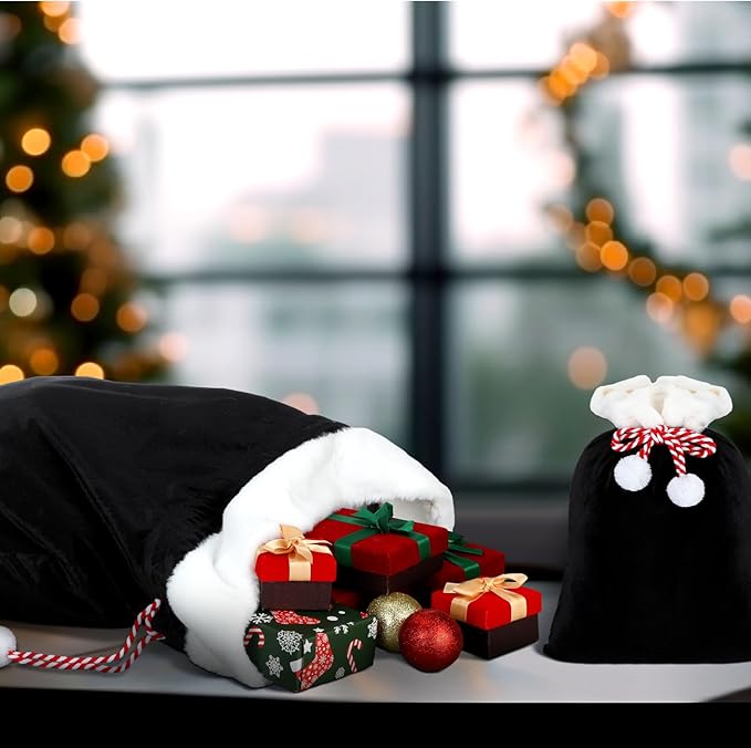 Shappy 2 Pieces Christmas Velvet Santa Bags with Drawstring in 2 Size Large Christmas Bags Santa Gift Sack for Xmas Playing Present Toy(Black)