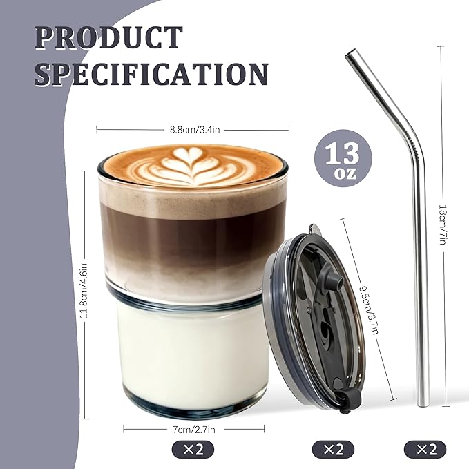 2 Packs Glass Tumbler with Lid and Straw 13 oz Cute Ice Coffee Cup Set Bulk Vasos de Vidrio Con Tazas Para Cafe Cocina Accesorios Home Bar Accessories New House Warming Gift Kitchen Stuff