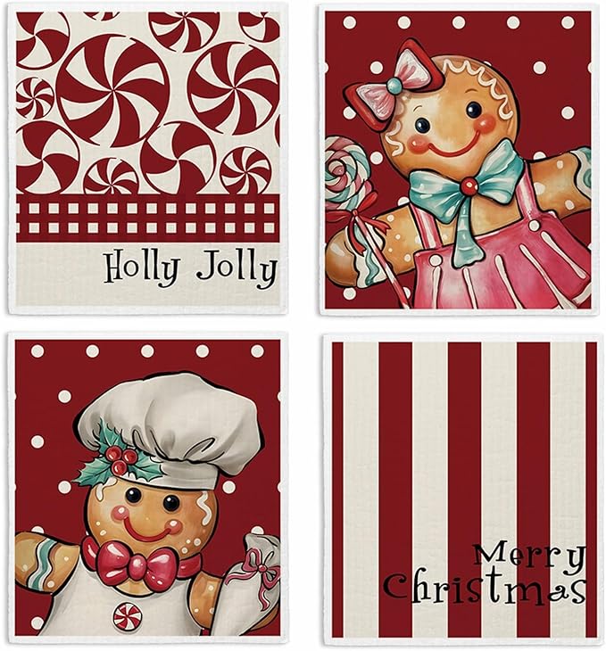 Swedish Dishcloths for Kitchen, Christmas Xmas Gingerbread Red Kitchen Dish Towels for Washing Dishes, 4 Pack Reusable Paper Towels, Sponge Cloths for Winter Home Cleaning Cooking Baking