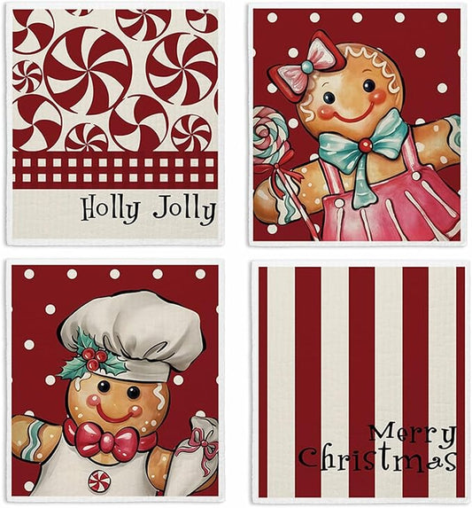 Swedish Dishcloths for Kitchen, Christmas Xmas Gingerbread Red Kitchen Dish Towels for Washing Dishes, 4 Pack Reusable Paper Towels, Sponge Cloths for Winter Home Cleaning Cooking Baking