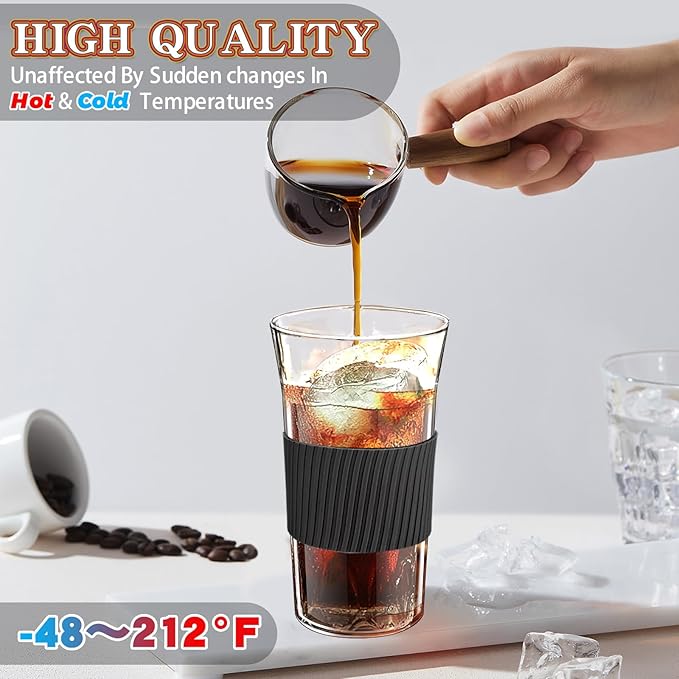 2 pcs Iced Coffee Cups with Lids, 16 oz Glass Cups with Lids and Straws, Reusable Tumbler with Silicone Sleeve, Wide Mouth Can Shaped Drinking Glasses for Coffee Juice Water Smoothie (Black)