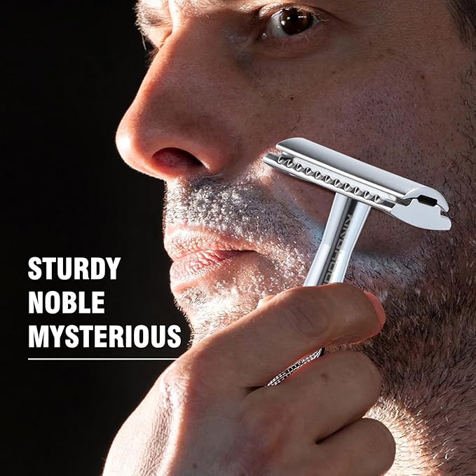 KINGHOOD Safety Razor Single Blade for Men with 10 Double Edge Blades Metal Reusable Eco Friendly Razors Silver