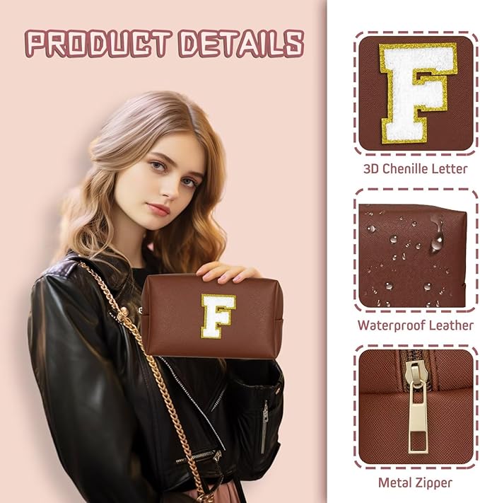TOPEAST Monogrammed Gifts for Women, Preppy Makeup Bag Small Cosmetic Bag Travel Toiletry Bag, Personalized Birthday Gift for Girl, Wedding Bridal Shower Gifts for Bridesmaids (Brown M)