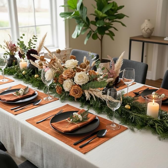 D'Moksha Homes Rust Linen Placemats Set of 4 - Classic Hemstitch Placemats 14 x 19 Inch - 100% Pure Linen Table Mats for Winter, Christmas, Holiday - Handcrafted and Machine Washable