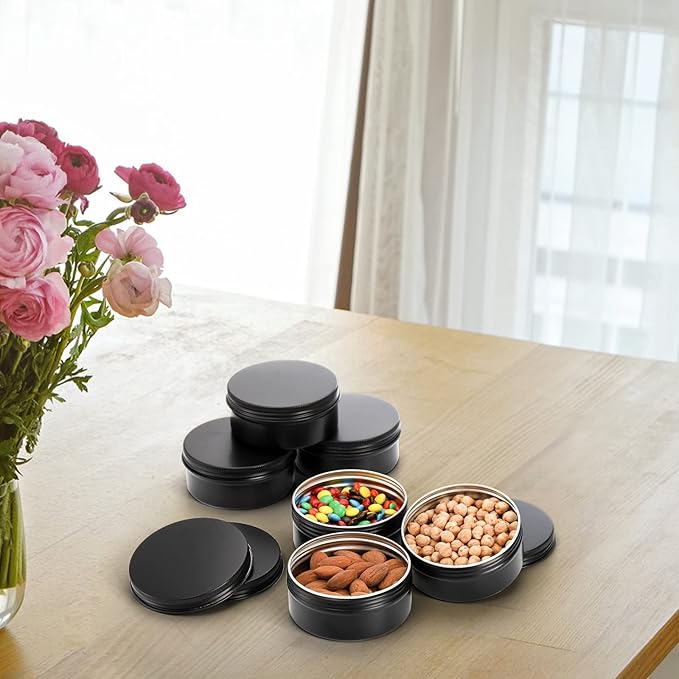 Foraineam 48 Pack 4 oz Metal Round Tins with Screw Lid, Black Aluminium Empty Candle Tins Storage Tin Jars, Cosmetic Sample Containers Travel Tin Cans for Salve, Cream, Spices or Candles