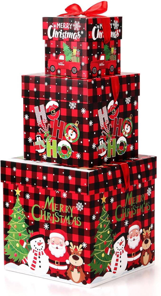 3 Pcs Christmas Nesting Gift Boxes Buffalo Plaid Xmas Stackable Boxes Black Red Decorative Xmas Nested Present Boxes with Lids and Ribbon for New Year Birthday Party Gift(Santa)