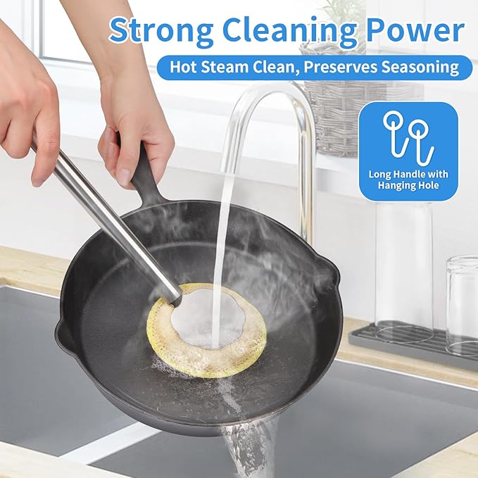 Kitchen Scrub Brush with Handle, Non-Scratch Extra Strong Cleaning Brush for Wok, Cast Iron, Pans, Oven Racks, Air Fryer - Strong Model