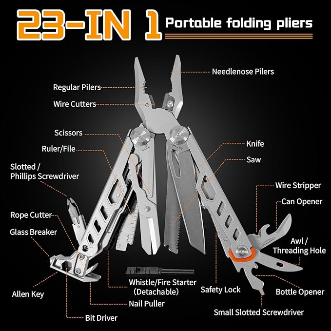23-in-1 Multitool Pliers with Scissors,Window Breaker, Rope Cutters,Flint, Saw, Screwdrivers,High-carbon Steel Multi Tool with Carrying Pouch Ideal for Camping Survival and Gift for Dad Him Men