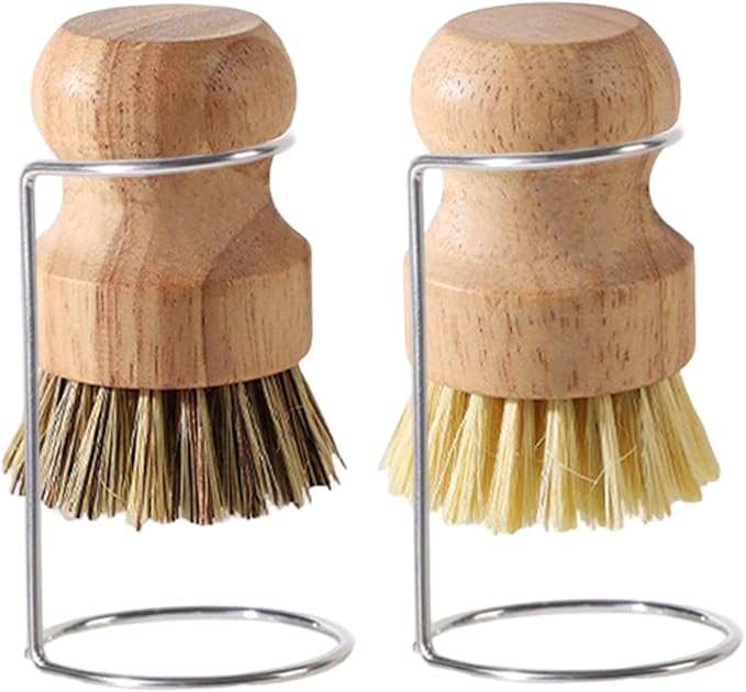 Bamboo Brush for Dishes, 2Pcs Bamboo Dish Brushes Natural Dish Scrubber with 2 Drainage Racks Wooden Dishwashing Brush for Washing Dishes, Pots, Pans and Sink